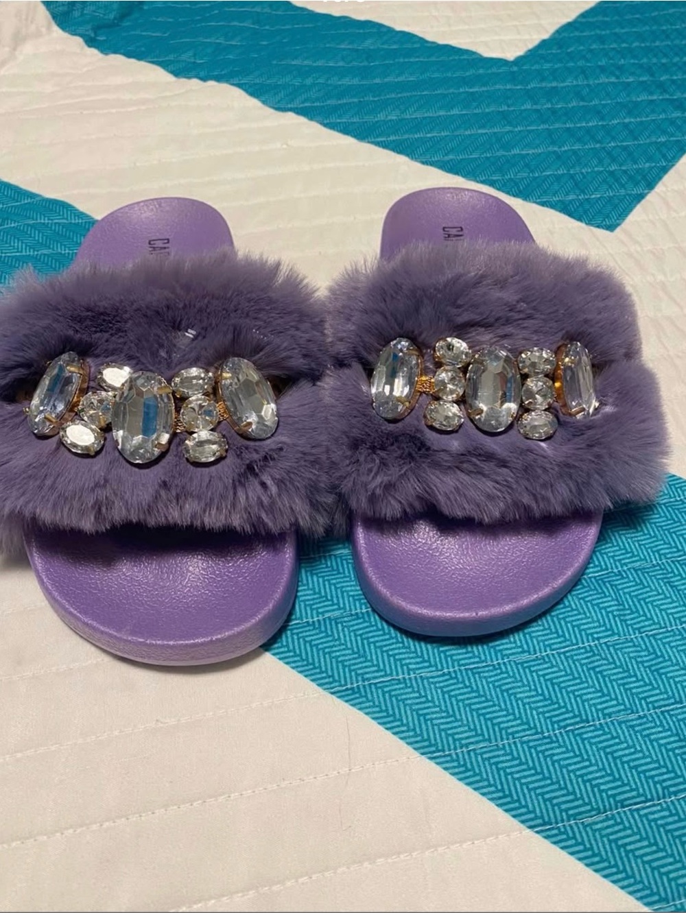 NWOT Purple Faux-Fur Jewel Slide Slippers